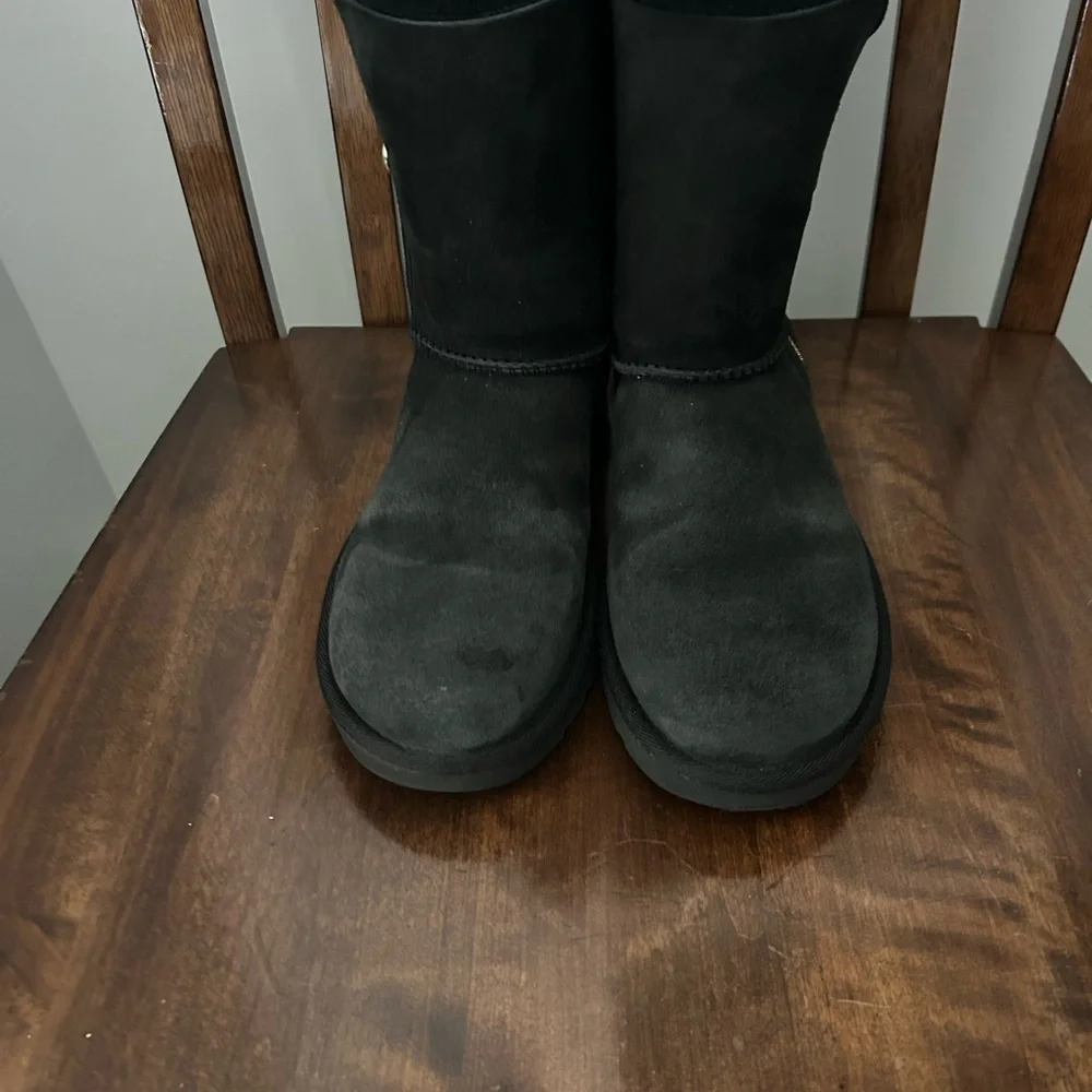 UGG Bailey Zip Mid-Calf Boots Flat Black Twinface Sheepskin Real Fur US Size 6‎